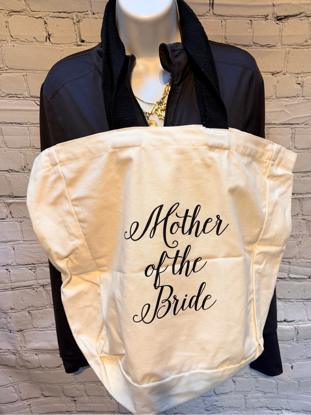 Mother of the Bride canvas tote bag in ivory/cream with black script lettering